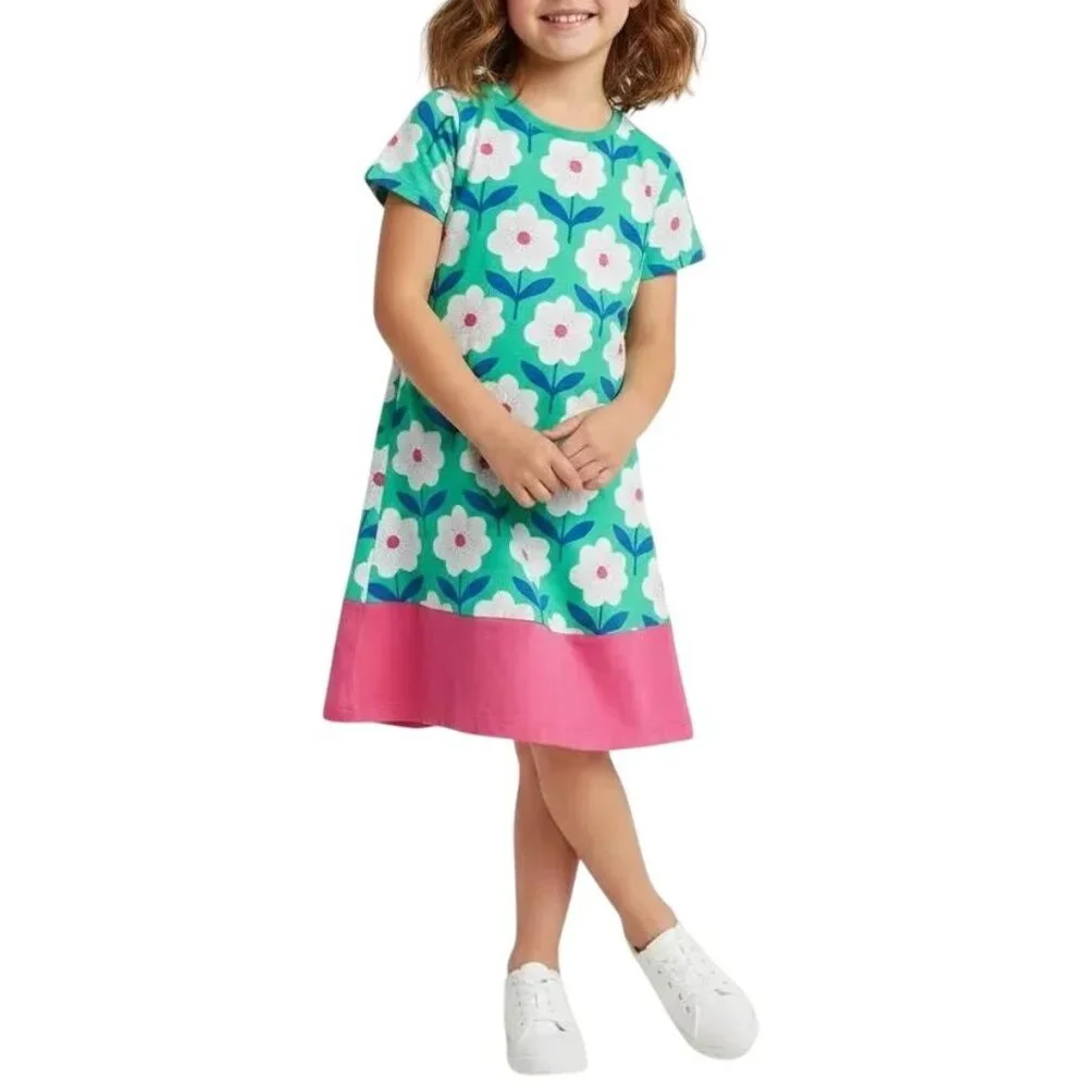 Mini Boden Little Girls Floral A-Line Pink‎ Green Jersey Cotton Shirt Dress 7-8Y